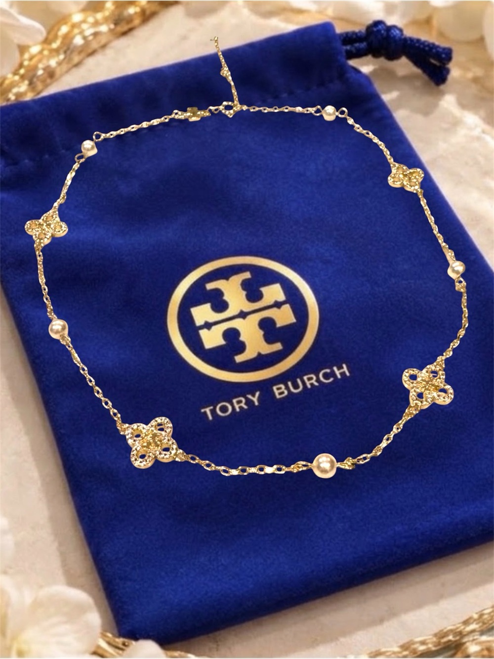 Tory Burch Gold Crystal Quatrefoil Pearl Station Necklace